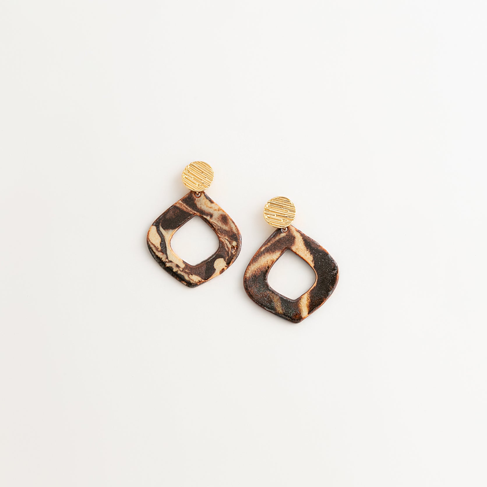 Artisan Nerikomi Ceramic Earrings – Gold Lined Circle Stud, Open Organic Diamond Drop