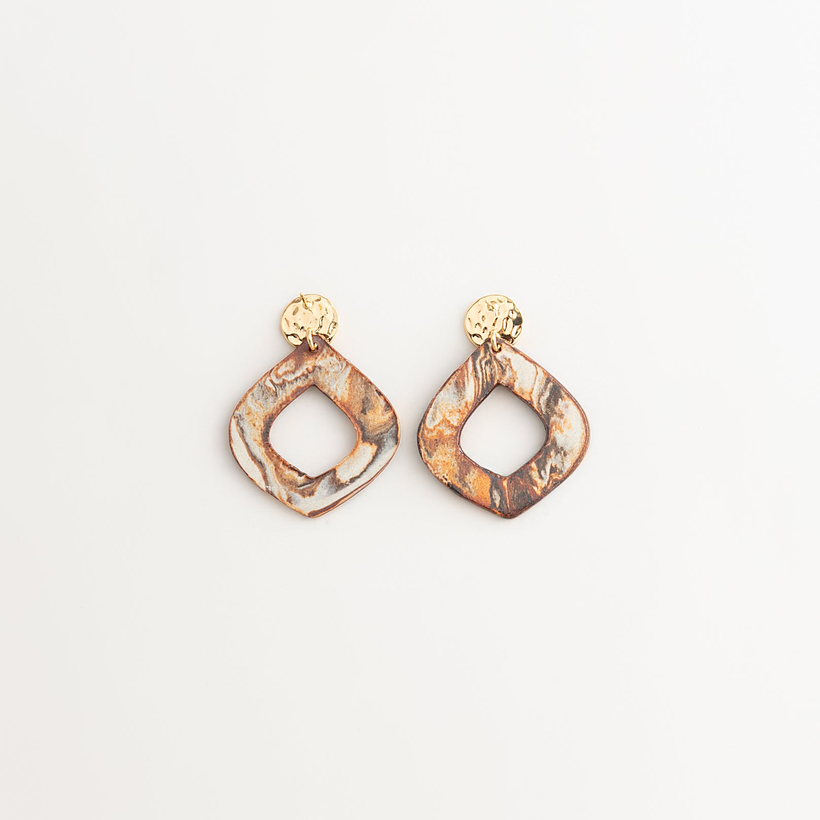 Artisan Nerikomi Ceramic Earrings – Gold Lined Circle Stud, Open Organic Diamond Drop