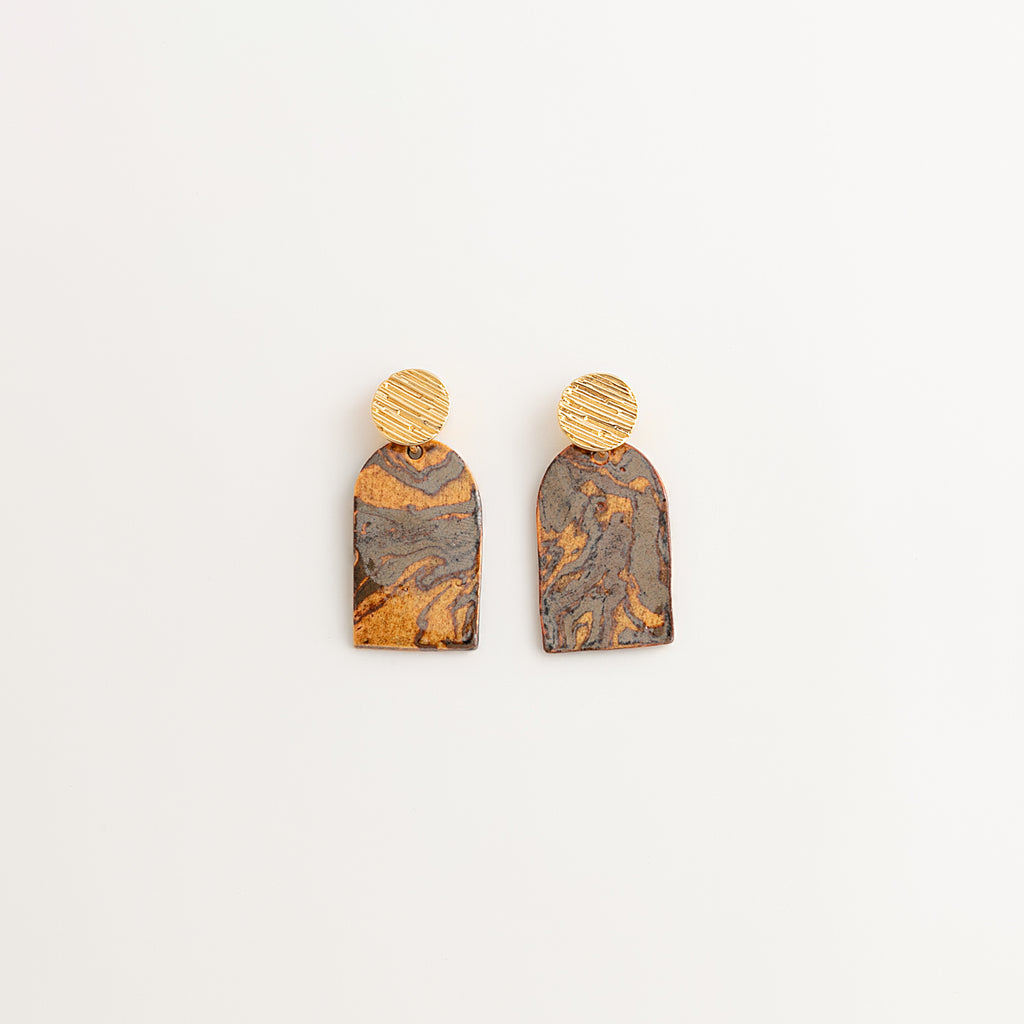 Artisan Nerikomi Ceramic Earrings – Gold Lined Circle Stud, Mauve Arch Drop