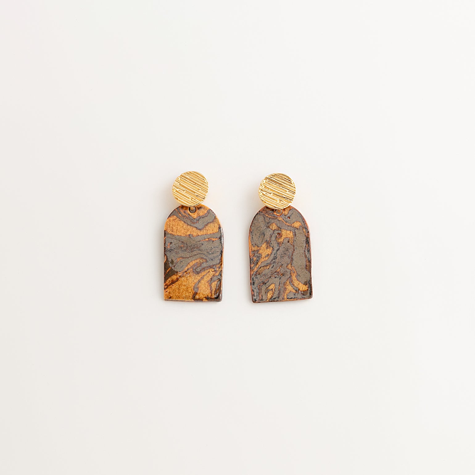 Artisan Nerikomi Ceramic Earrings – Gold Lined Circle Stud, Mauve Arch Drop