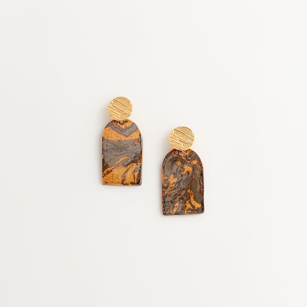Artisan Nerikomi Ceramic Earrings – Gold Lined Circle Stud, Mauve Arch Drop