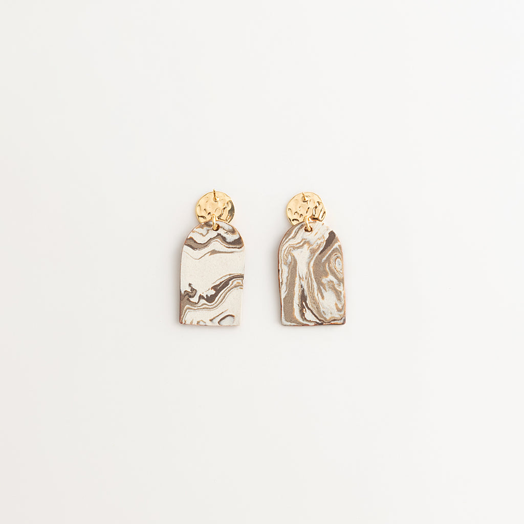Artisan Nerikomi Ceramic Earrings – Gold Lined Circle Stud, Mauve Arch Drop