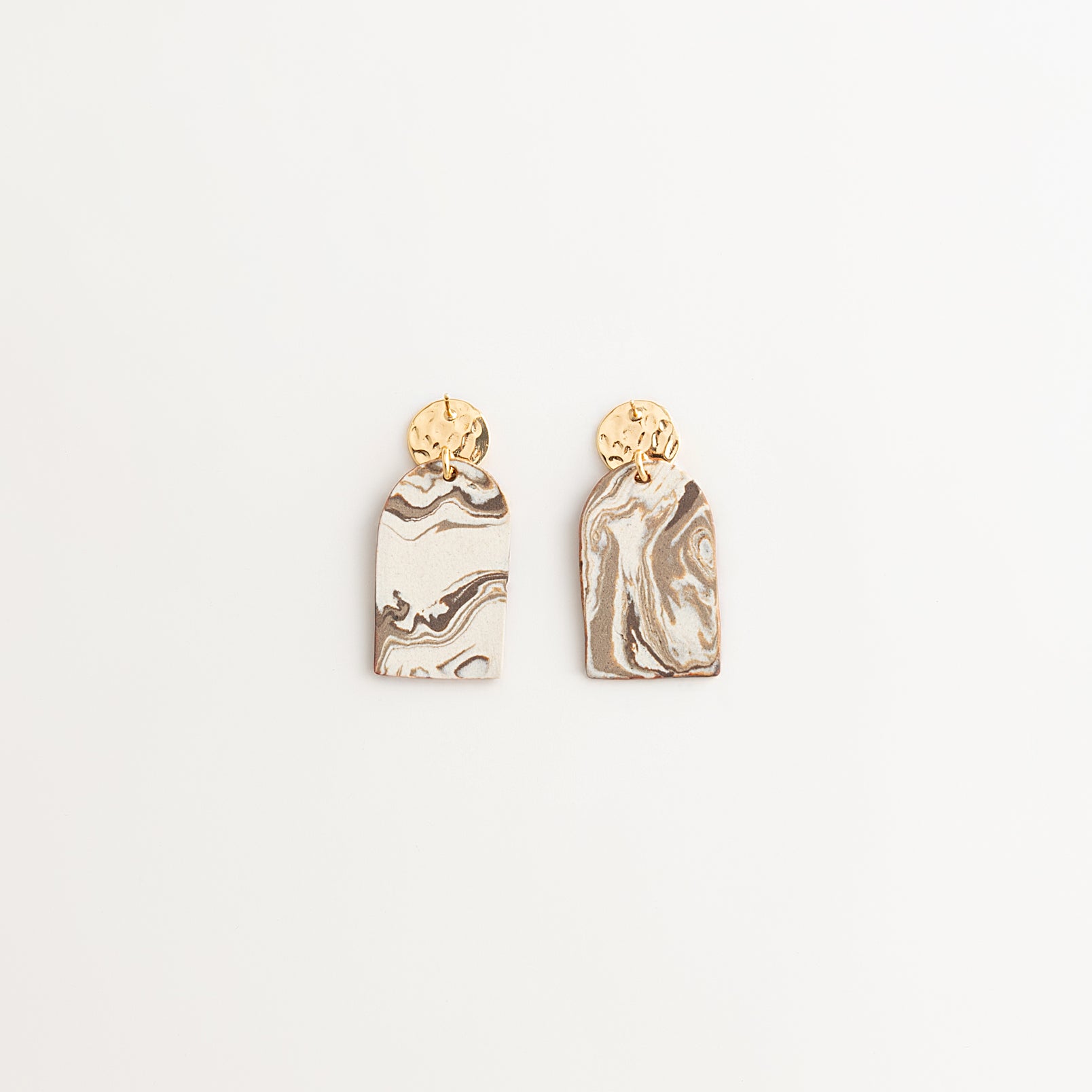 Artisan Nerikomi Ceramic Earrings – Gold Lined Circle Stud, Mauve Arch Drop