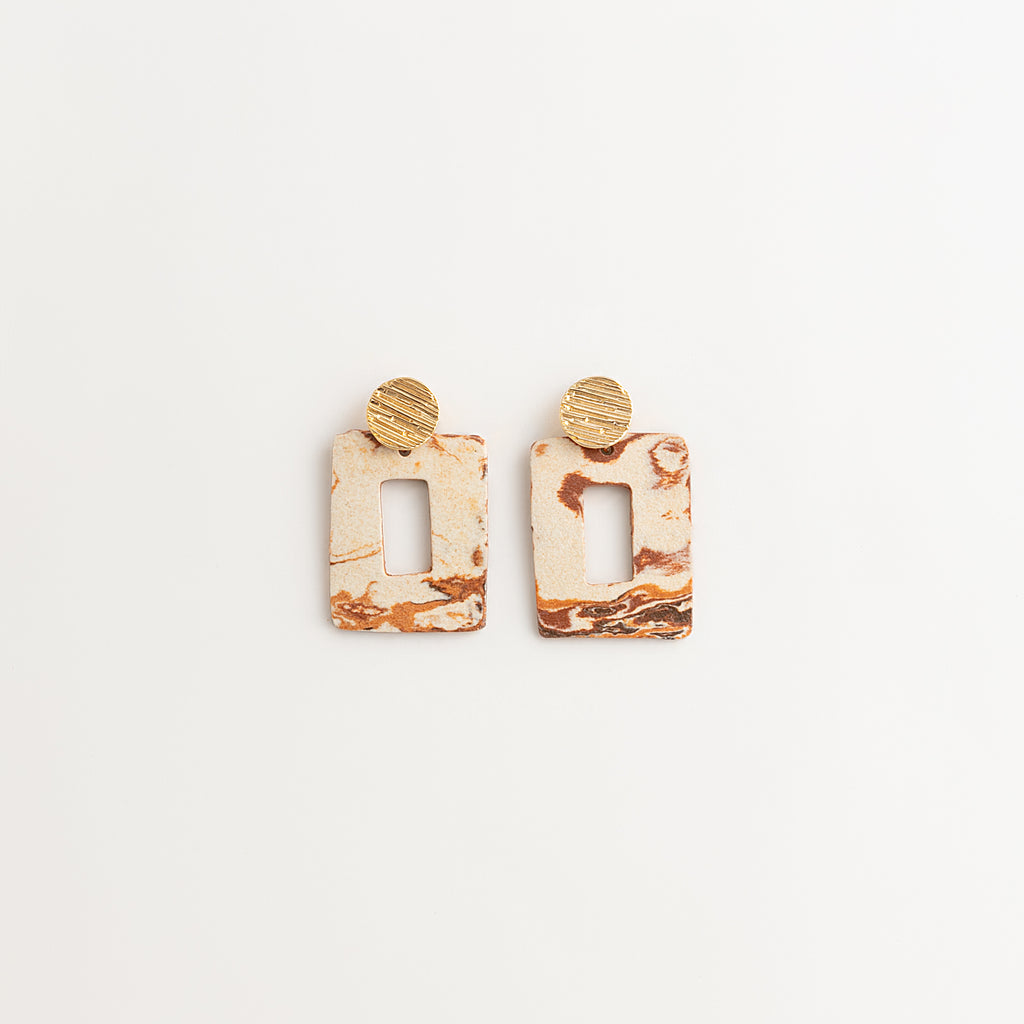 Artisan Nerikomi Ceramic Earrings – Gold Lined Circle Stud, Open Rectangle Drop