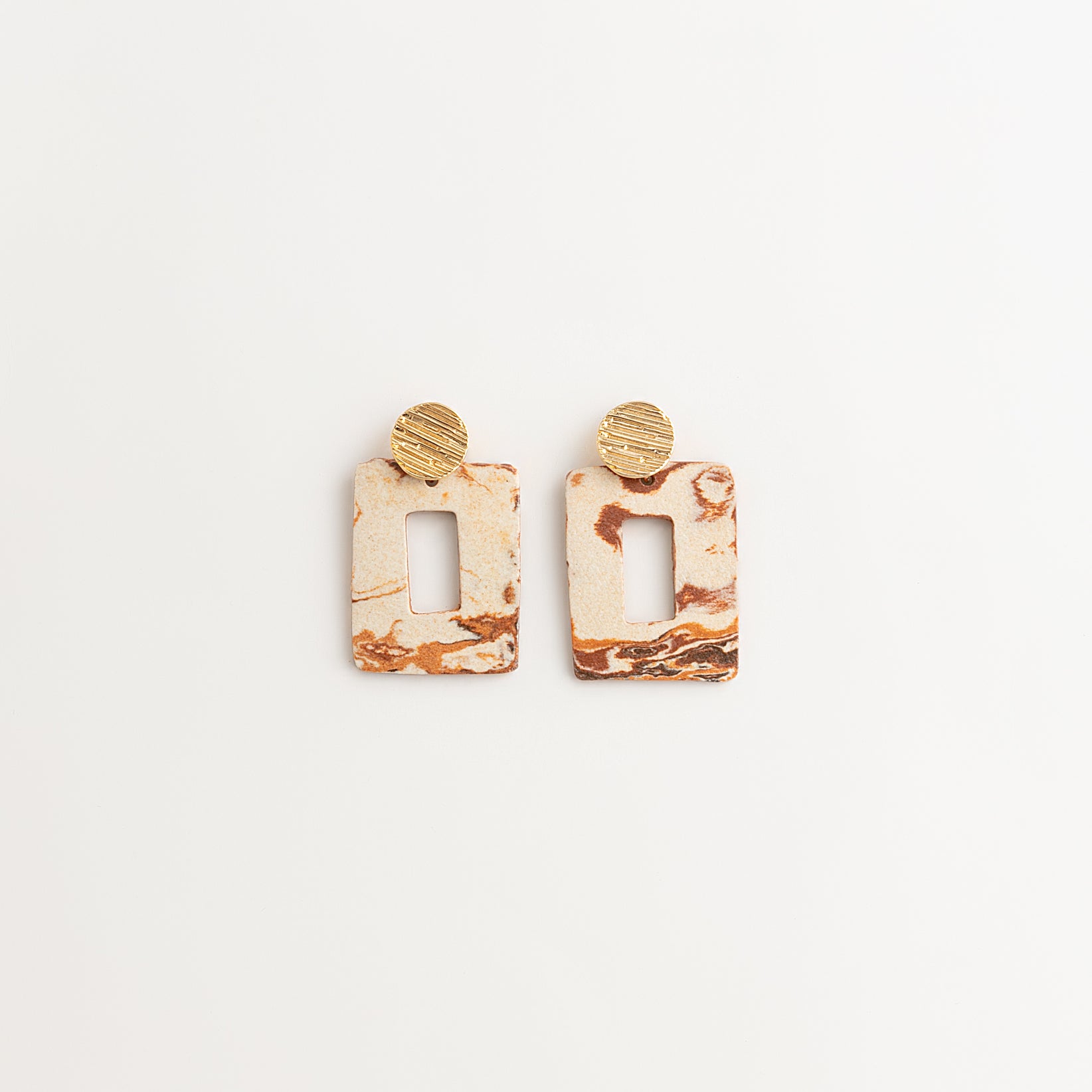 Artisan Nerikomi Ceramic Earrings – Gold Lined Circle Stud, Open Rectangle Drop