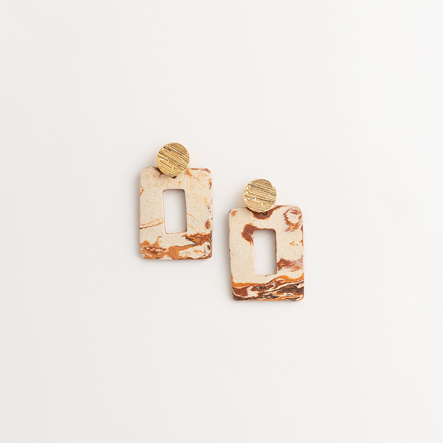 Artisan Nerikomi Ceramic Earrings – Gold Lined Circle Stud, Open Rectangle Drop