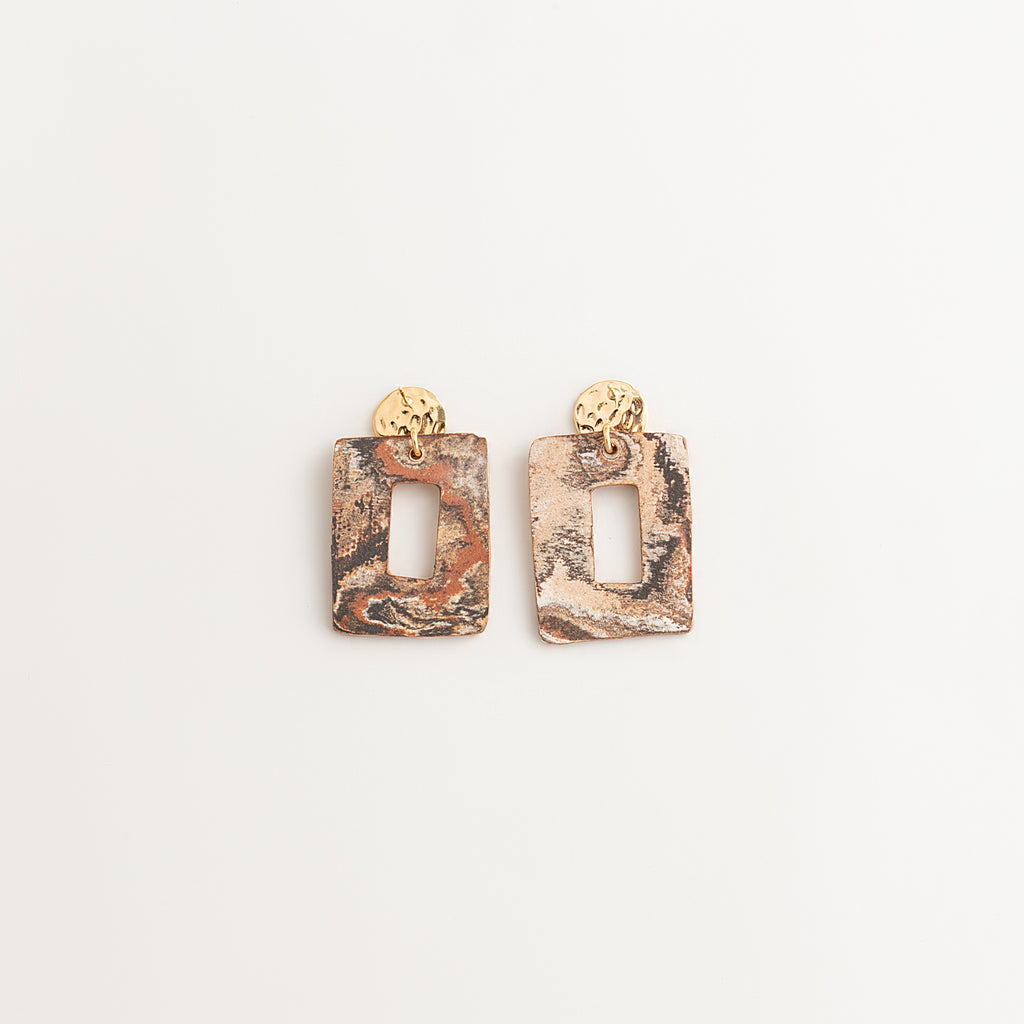 Artisan Nerikomi Ceramic Earrings – Gold Lined Circle Stud, Open Rectangle Drop