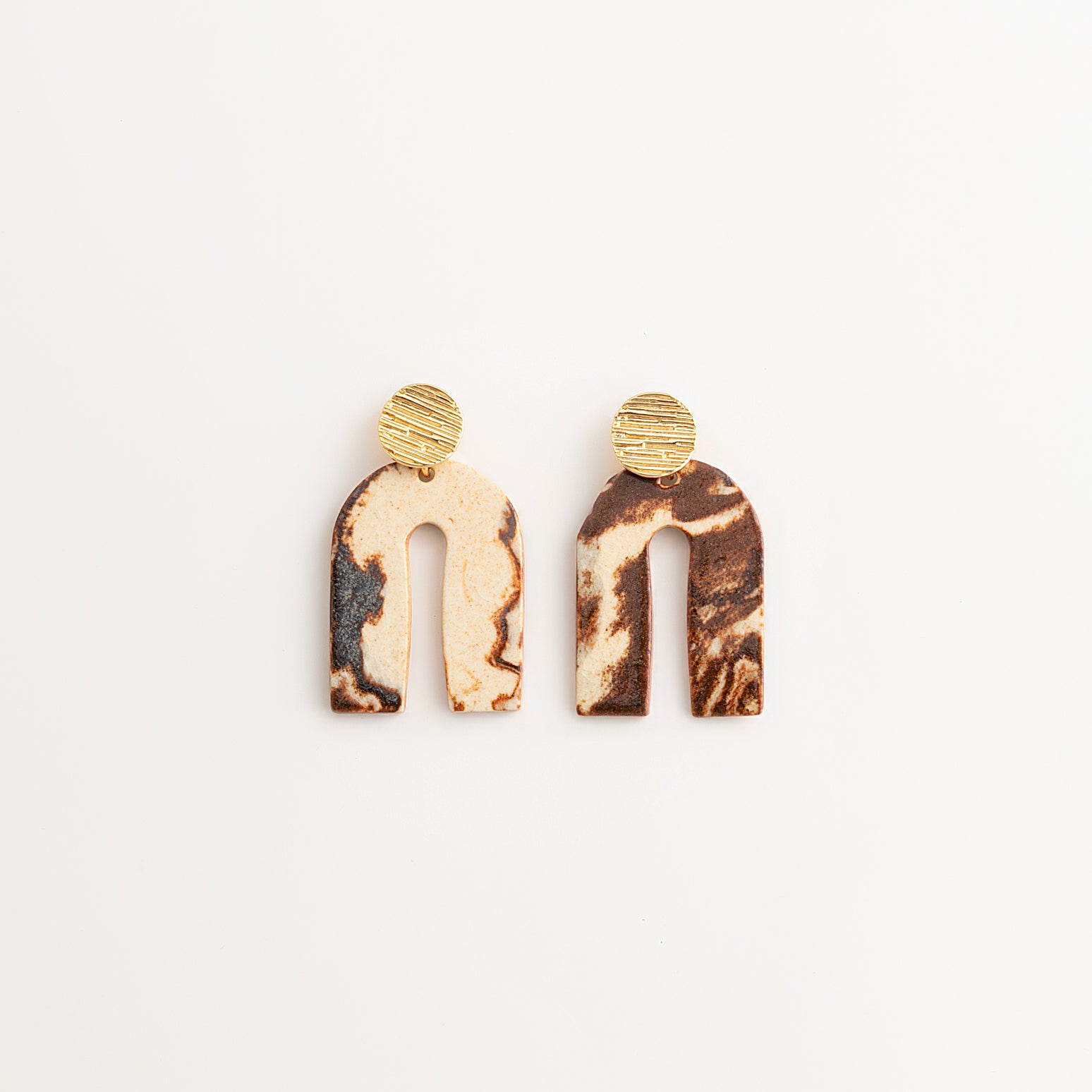 Artisan Nerikomi Ceramic Earrings – Gold Lined Circle Stud, Asymmetric Arch Drop