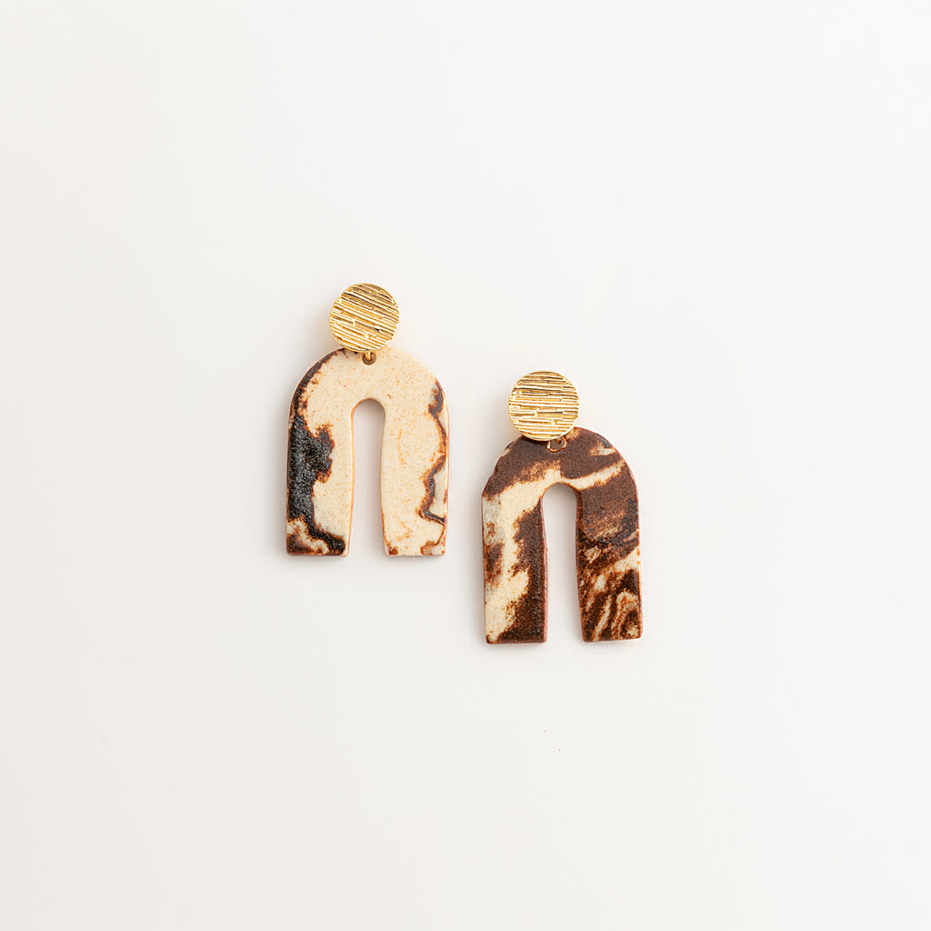 Artisan Nerikomi Ceramic Earrings – Gold Lined Circle Stud, Asymmetric Arch Drop