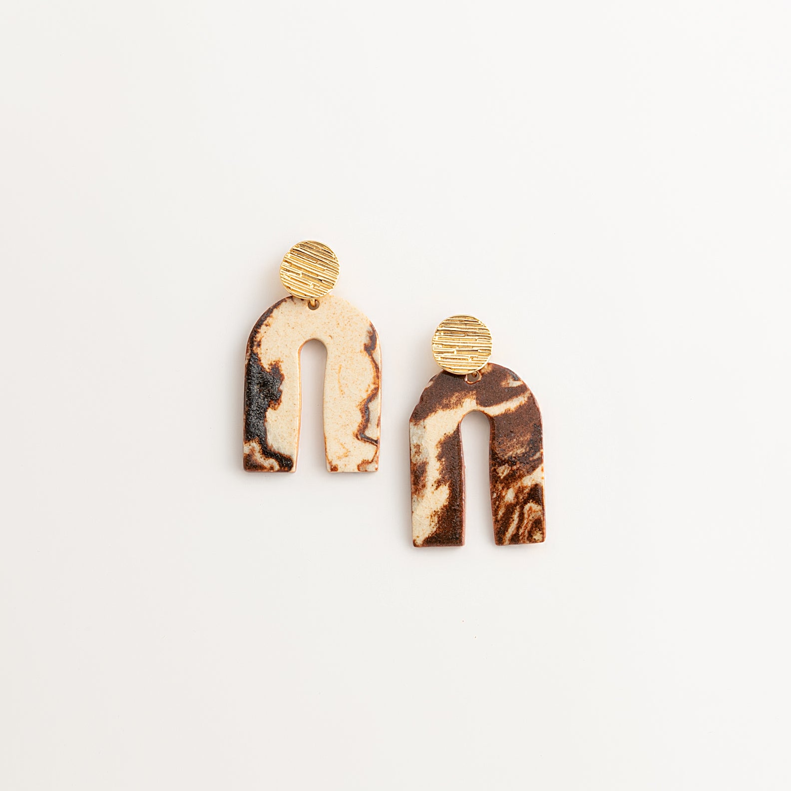 Artisan Nerikomi Ceramic Earrings – Gold Lined Circle Stud, Asymmetric Arch Drop