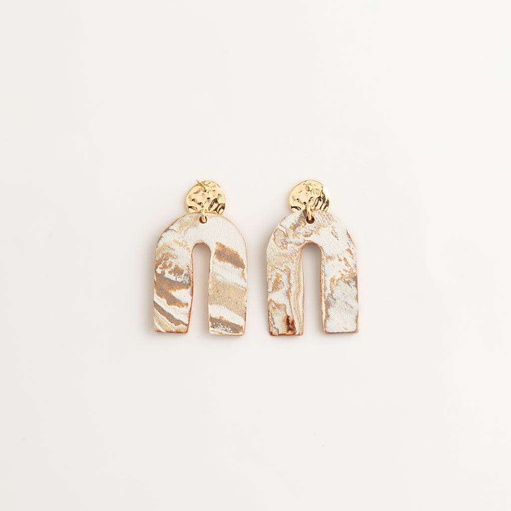 Artisan Nerikomi Ceramic Earrings – Gold Lined Circle Stud, Asymmetric Arch Drop
