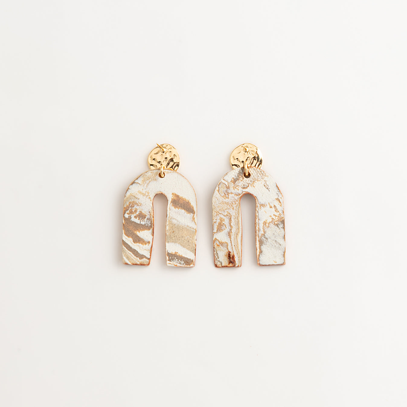Artisan Nerikomi Ceramic Earrings – Gold Lined Circle Stud, Asymmetric Arch Drop