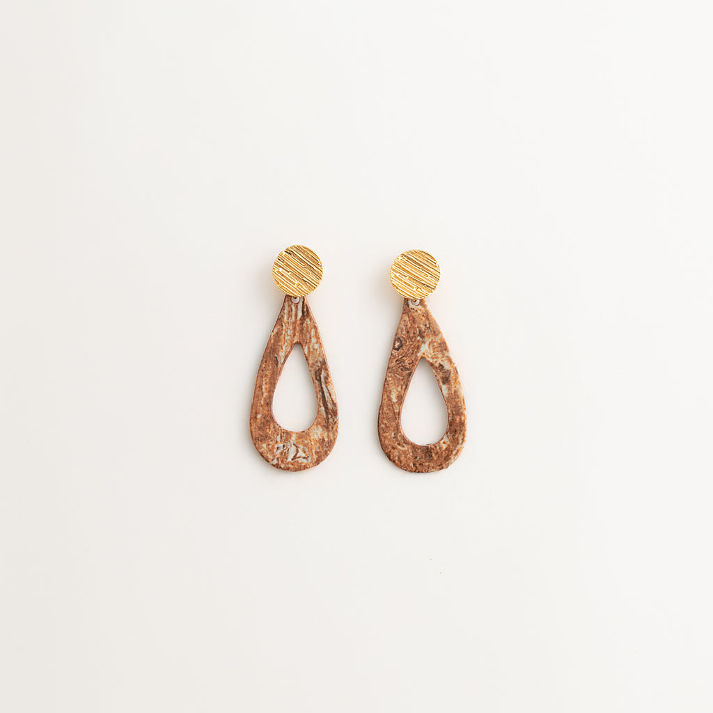 Artisan Nerikomi Ceramic Earrings – Gold Lined Circle Stud, Open Teardrop Drop