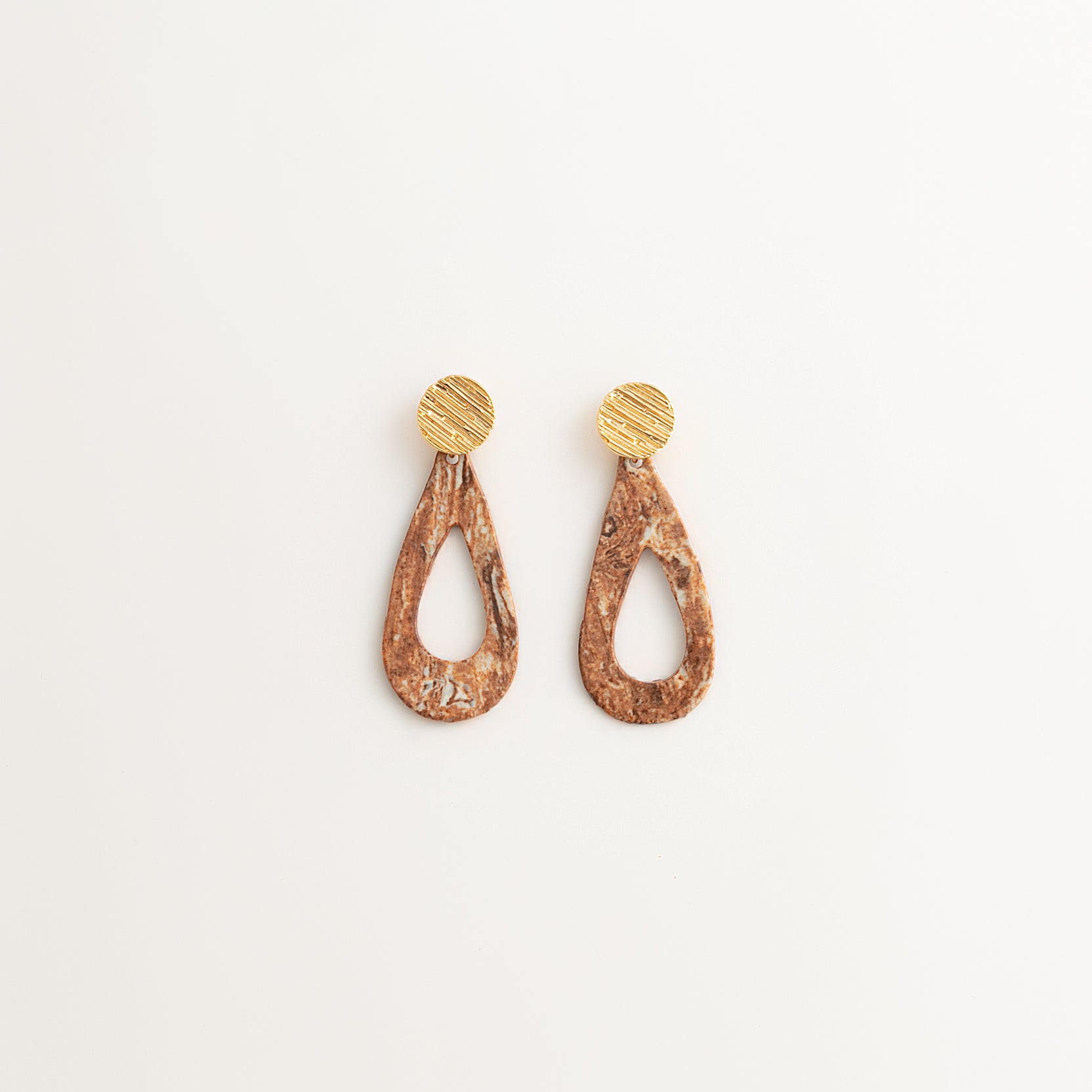 Artisan Nerikomi Ceramic Earrings – Gold Lined Circle Stud, Open Teardrop Drop