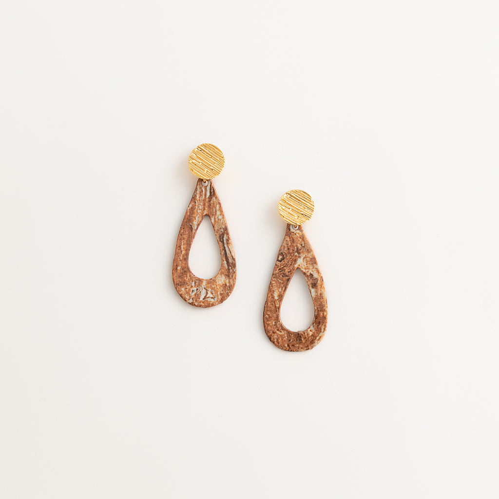Artisan Nerikomi Ceramic Earrings – Gold Lined Circle Stud, Open Teardrop Drop