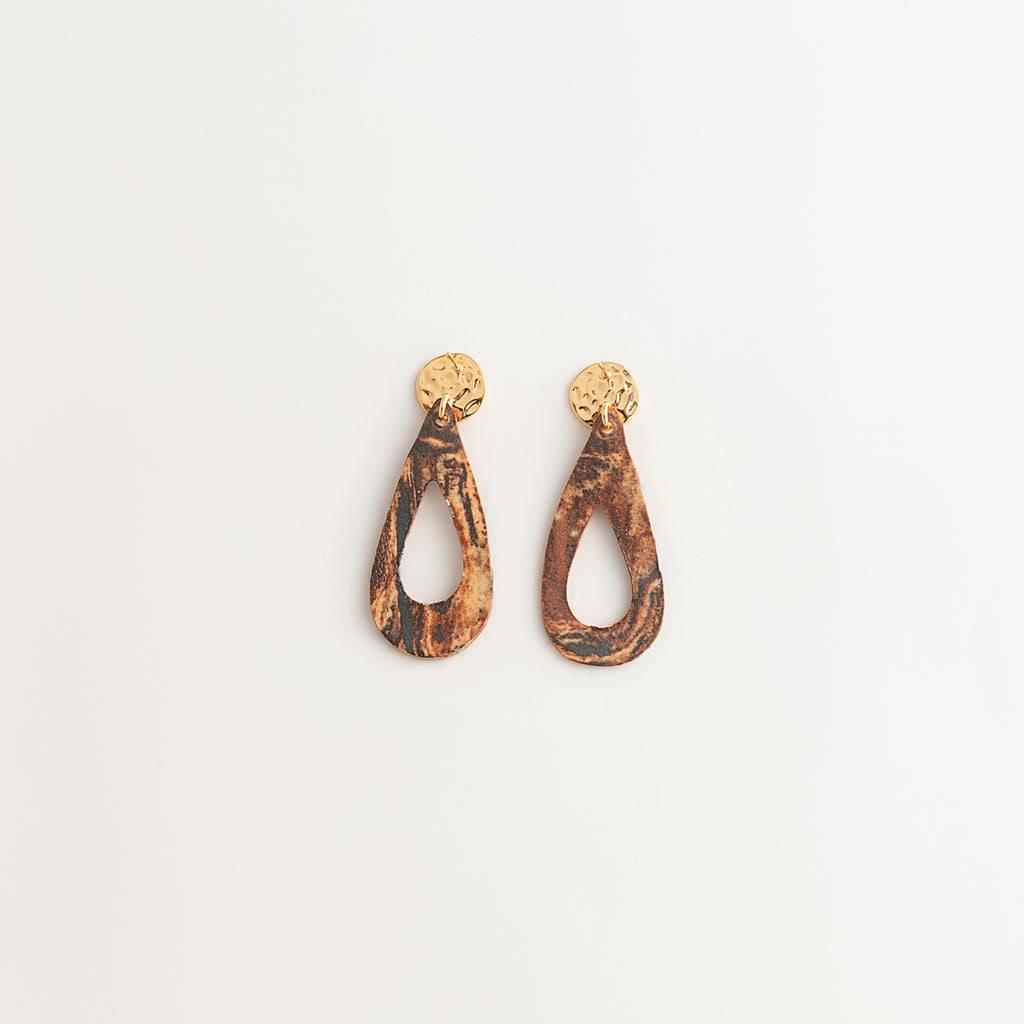 Artisan Nerikomi Ceramic Earrings – Gold Lined Circle Stud, Open Teardrop Drop