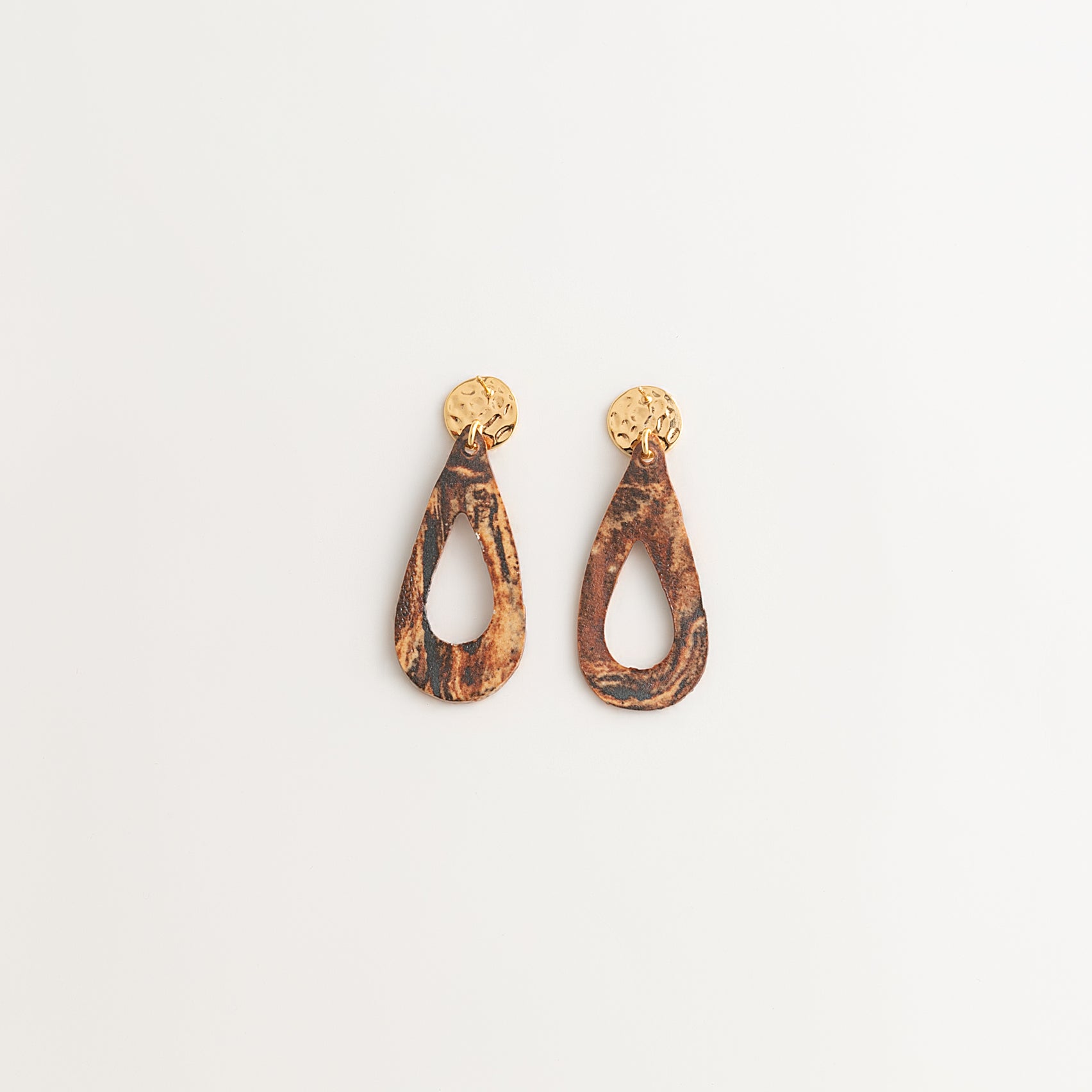 Artisan Nerikomi Ceramic Earrings – Gold Lined Circle Stud, Open Teardrop Drop