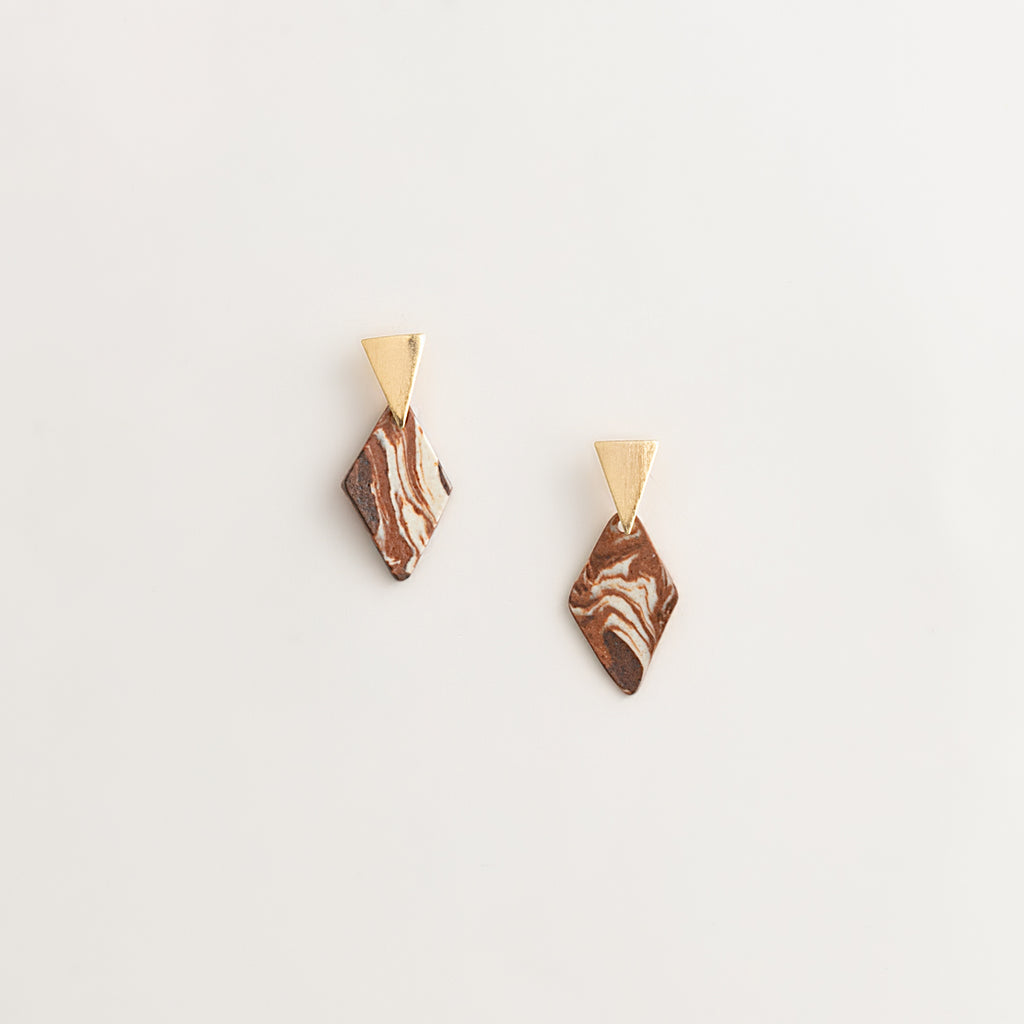 Artisan Nerikomi Ceramic Earrings – Gold Triangle Stud, Diamond Drop