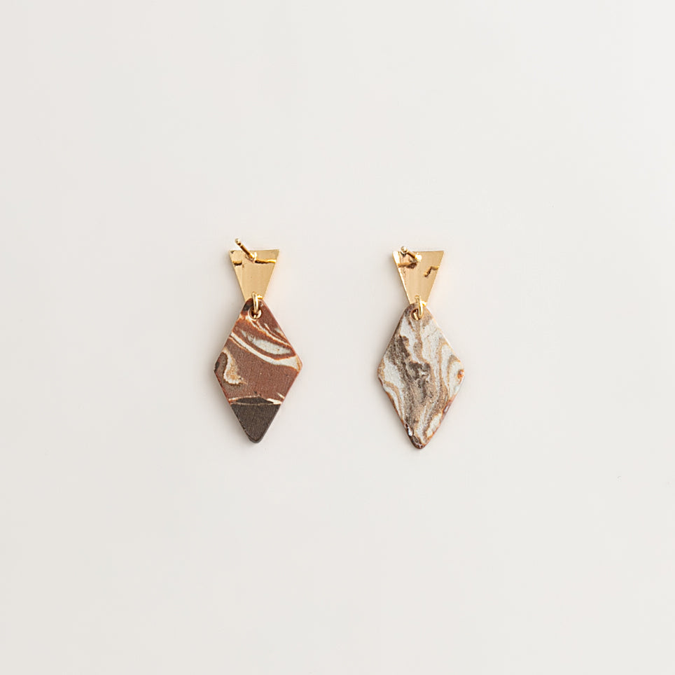 Artisan Nerikomi Ceramic Earrings – Gold Triangle Stud, Diamond Drop