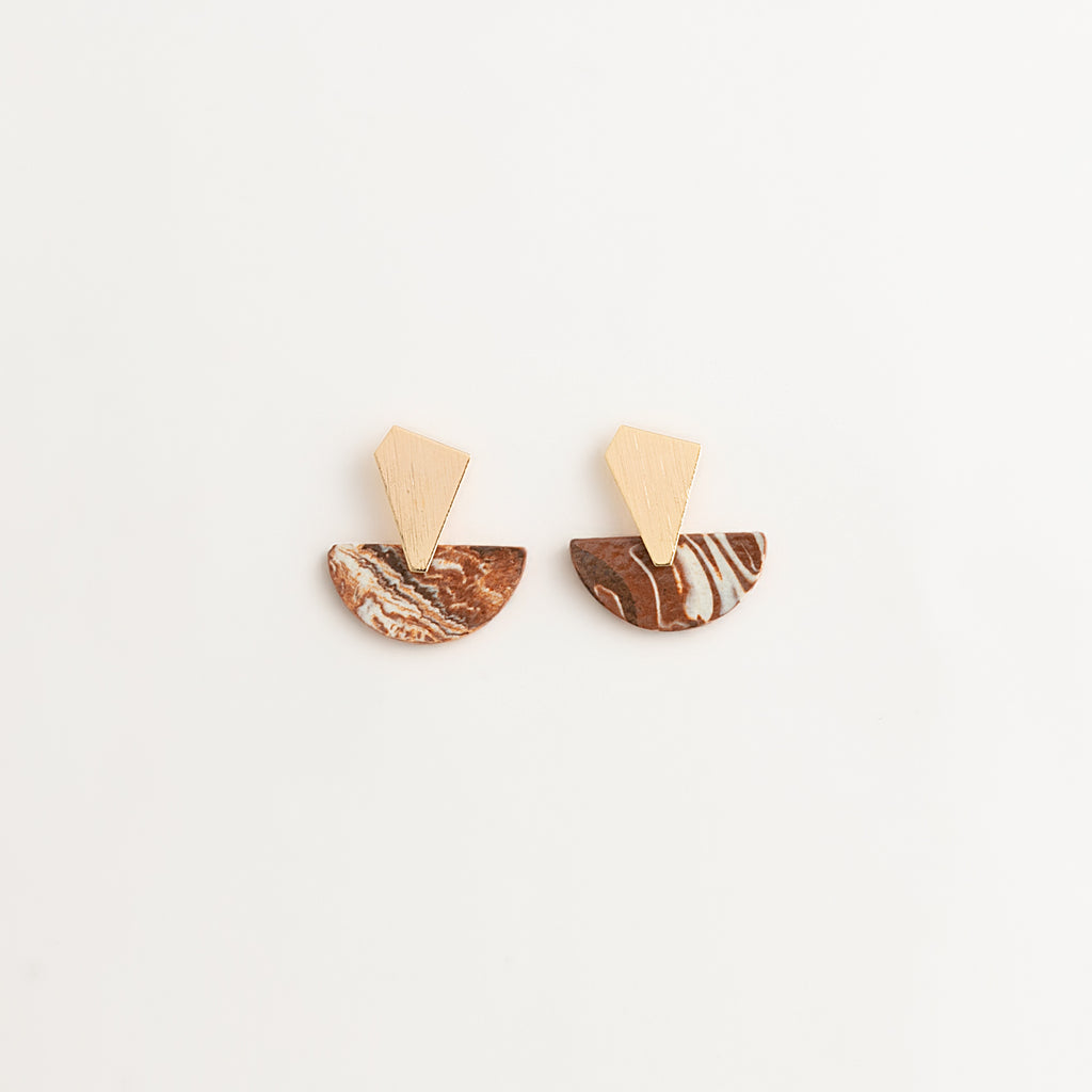 Artisan Nerikomi Ceramic Earrings – Gold Trapezoid Stud, Half-Moon Drop