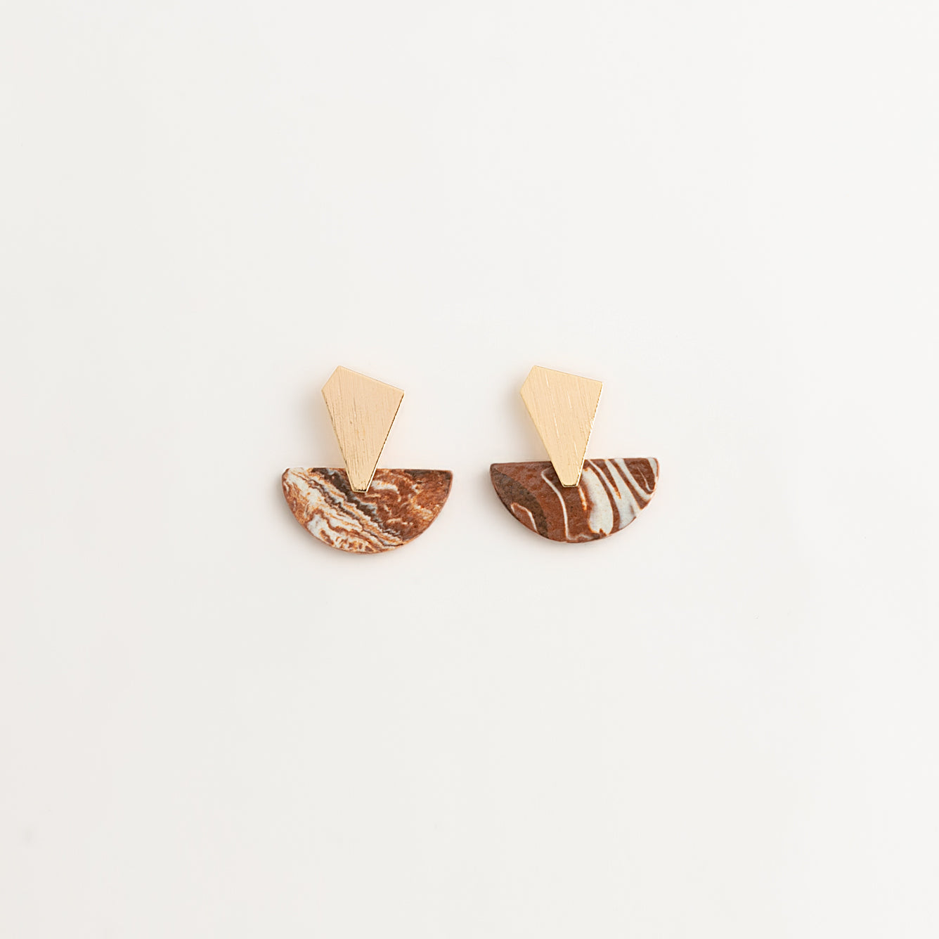 Artisan Nerikomi Ceramic Earrings – Gold Trapezoid Stud, Half-Moon Drop