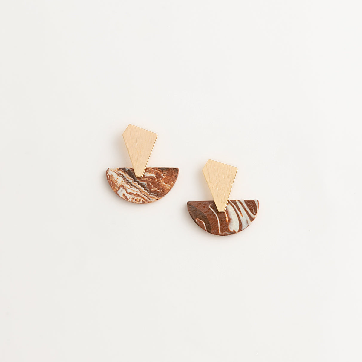 Artisan Nerikomi Ceramic Earrings – Gold Trapezoid Stud, Half-Moon Drop