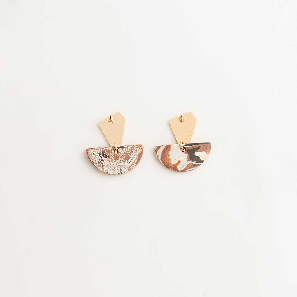Artisan Nerikomi Ceramic Earrings – Gold Trapezoid Stud, Half-Moon Drop