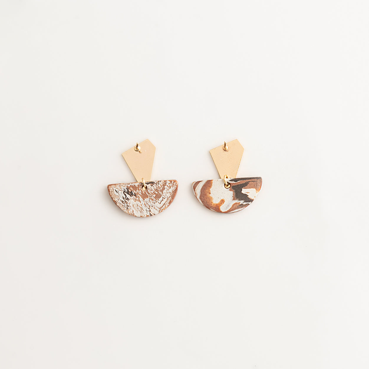 Artisan Nerikomi Ceramic Earrings – Gold Trapezoid Stud, Half-Moon Drop