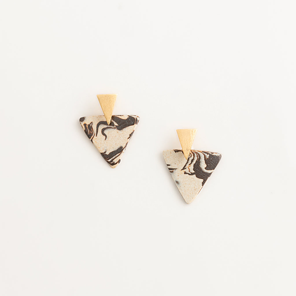 Artisan Nerikomi Ceramic Earrings – Gold Triangle Stud, B&W Triangle Drop