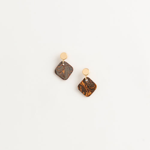 Artisan Nerikomi Ceramic Earrings – Gold Circle Stud, Amber Diamond Drop