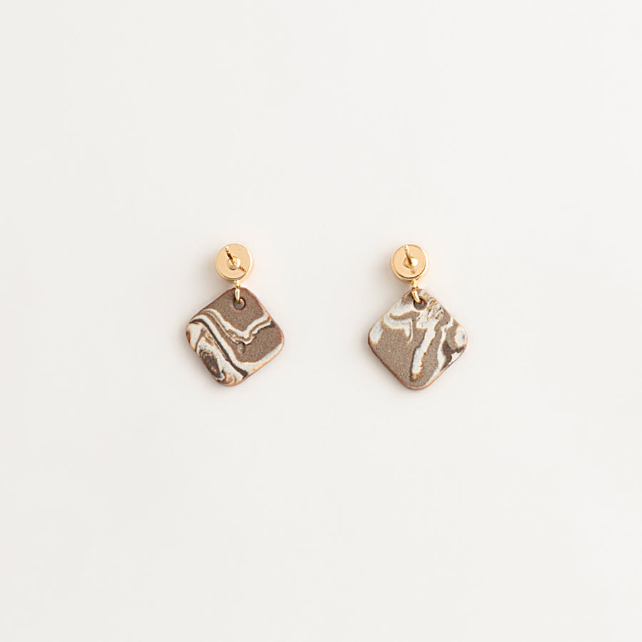 Artisan Nerikomi Ceramic Earrings – Gold Circle Stud, Amber Diamond Drop
