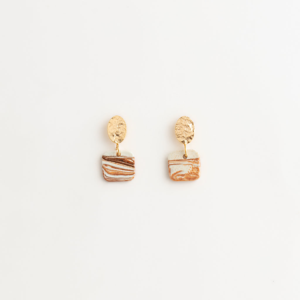 Artisan Nerikomi Ceramic Earrings – Gold Hammered Oval Stud, Square Drop