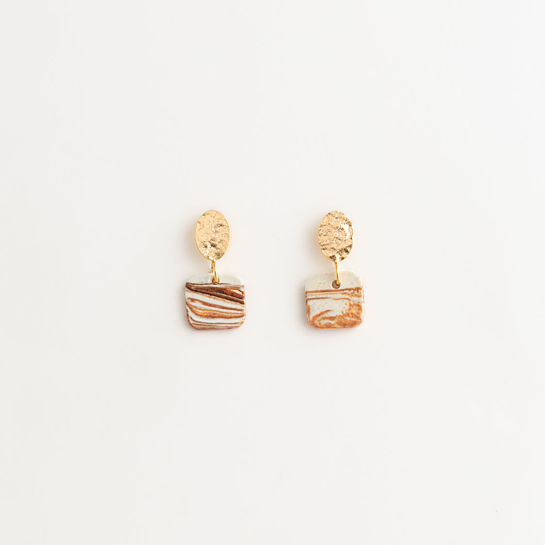 Artisan Nerikomi Ceramic Earrings – Gold Hammered Oval Stud, Square Drop