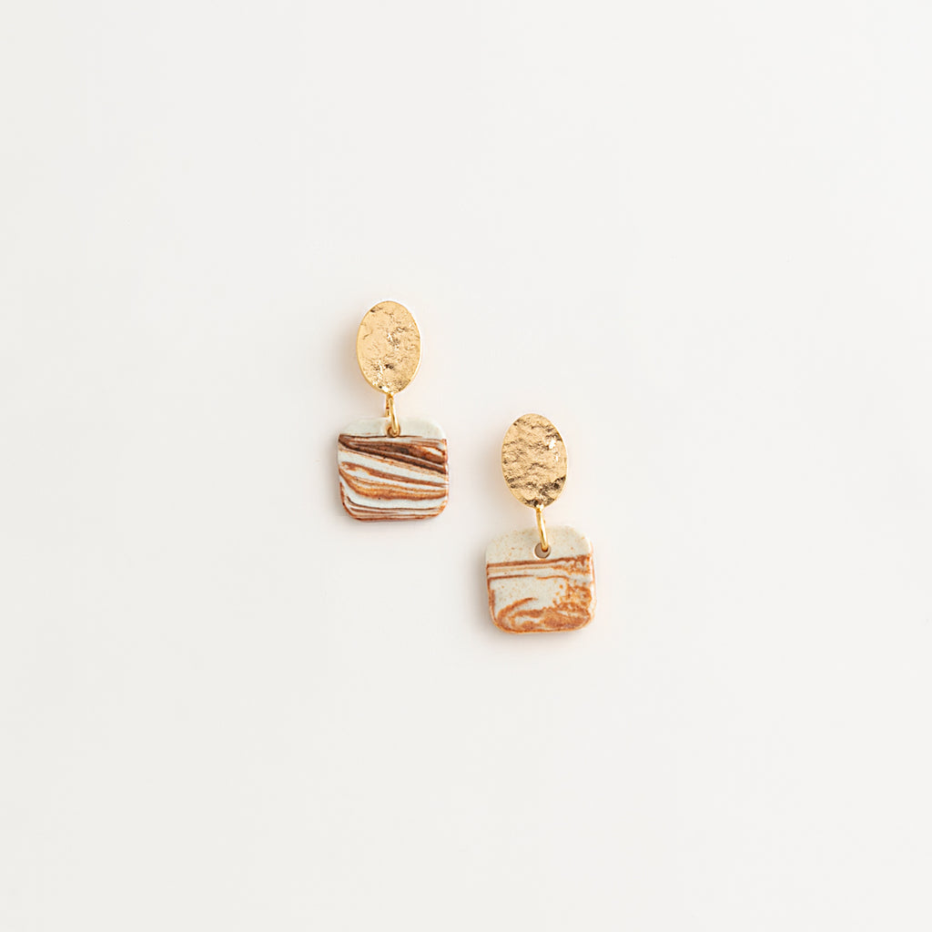 Artisan Nerikomi Ceramic Earrings – Gold Hammered Oval Stud, Square Drop