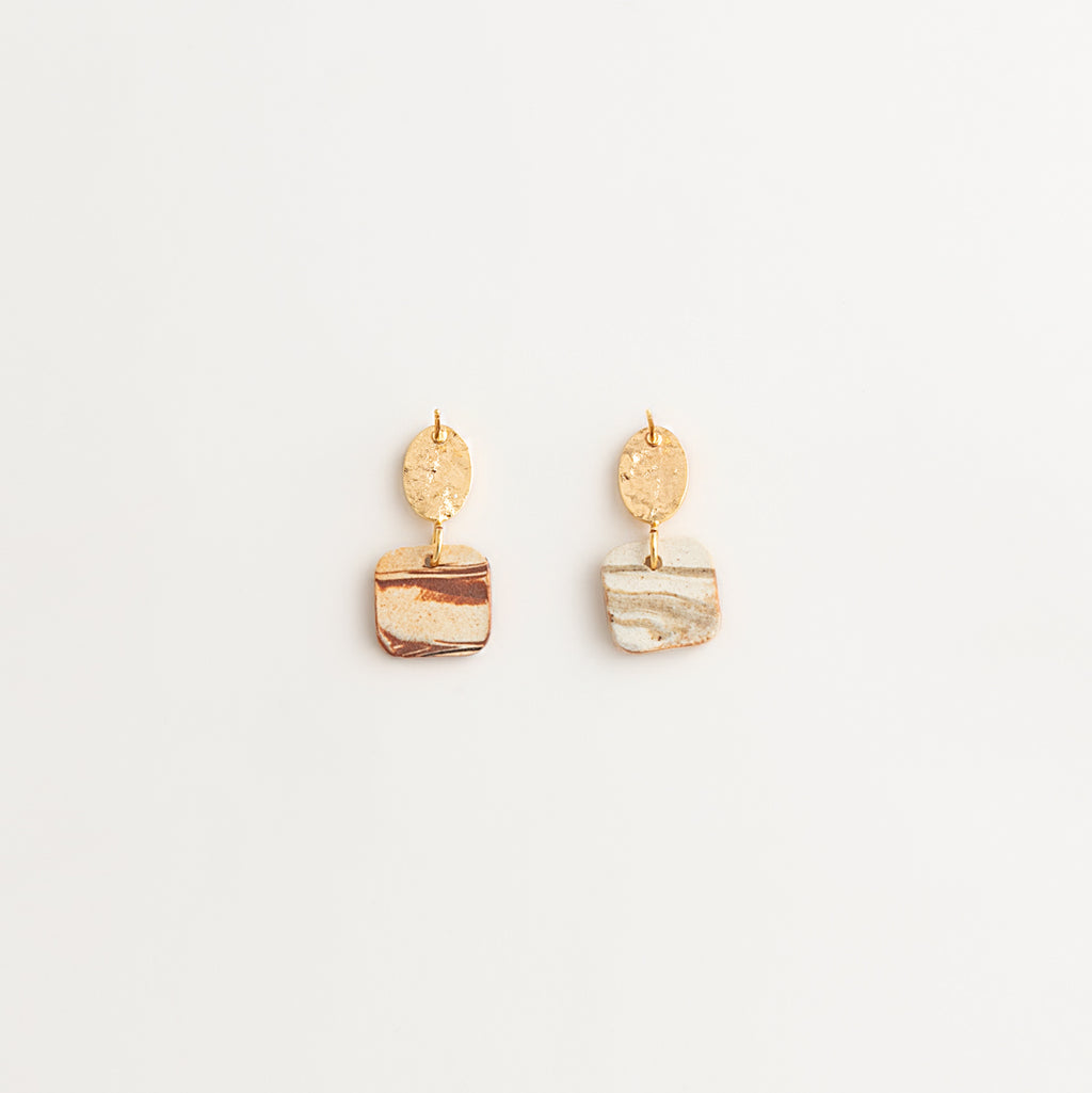 Artisan Nerikomi Ceramic Earrings – Gold Hammered Oval Stud, Square Drop