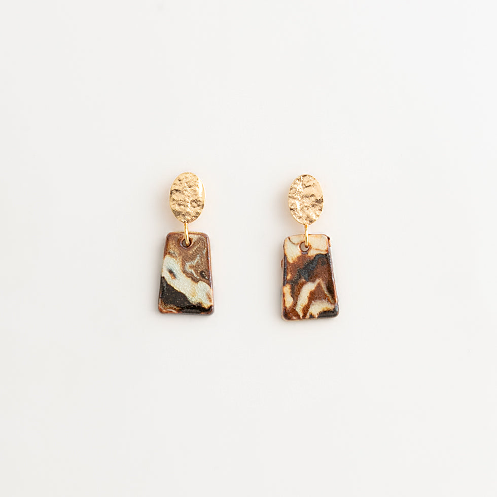 Artisan Nerikomi Ceramic Earrings – Gold Hammered Oval Stud, Rectangle Drop