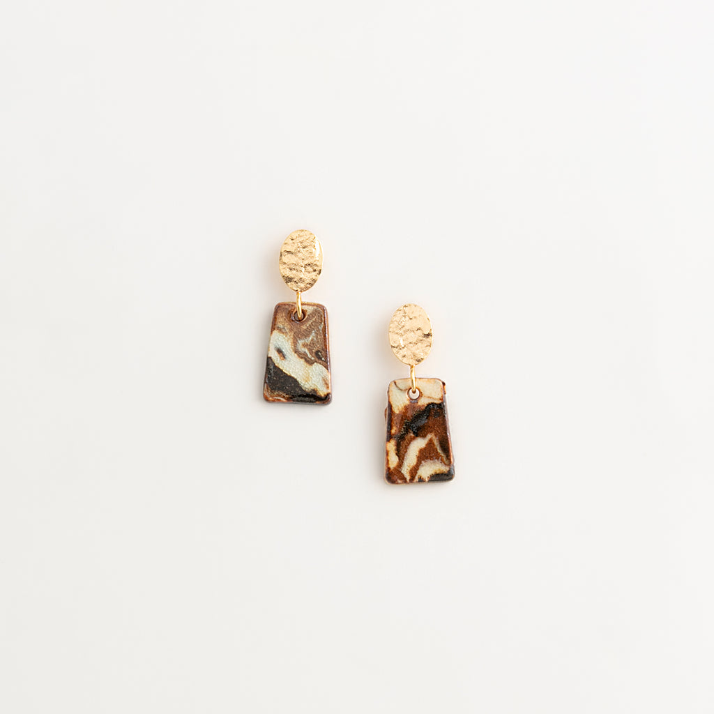 Artisan Nerikomi Ceramic Earrings – Gold Hammered Oval Stud, Rectangle Drop
