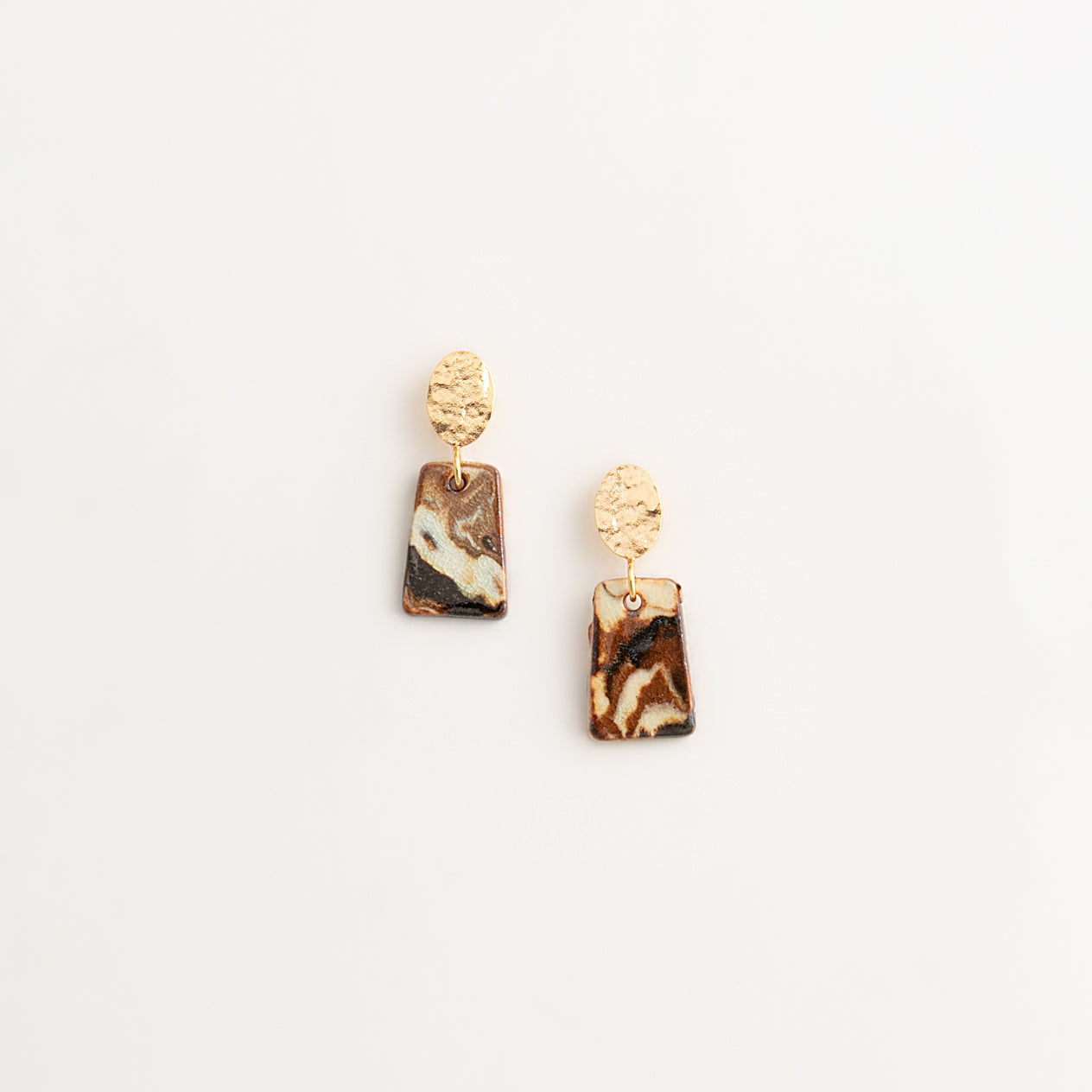 Artisan Nerikomi Ceramic Earrings – Gold Hammered Oval Stud, Rectangle Drop