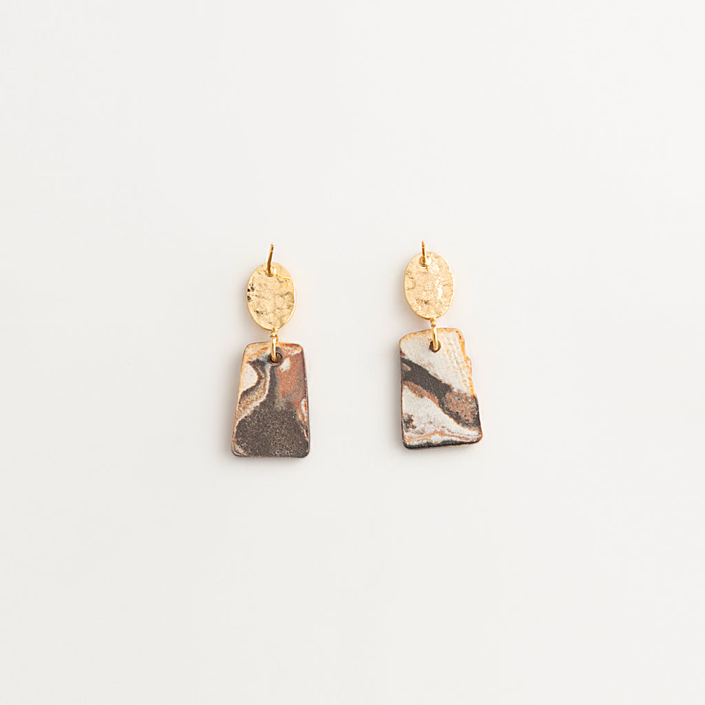 Artisan Nerikomi Ceramic Earrings – Gold Hammered Oval Stud, Rectangle Drop