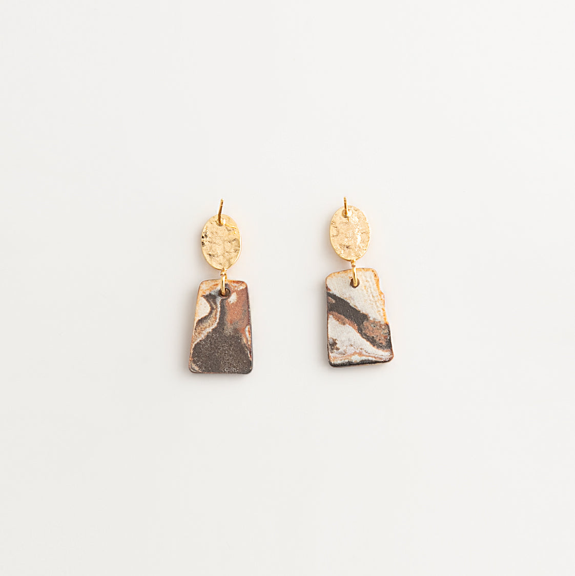 Artisan Nerikomi Ceramic Earrings – Gold Hammered Oval Stud, Rectangle Drop