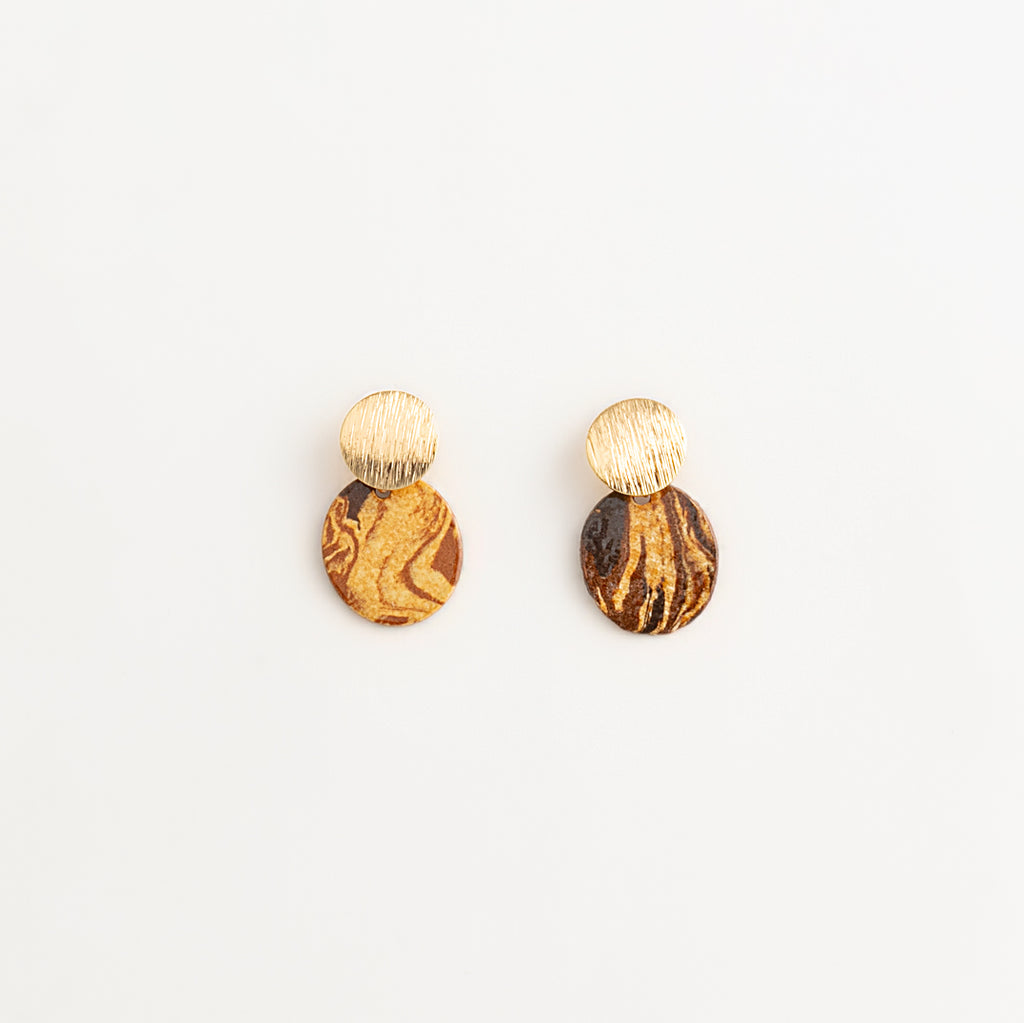 Artisan Nerikomi Ceramic Earrings – Gold Lined Circle Stud, Amber Oval Drop