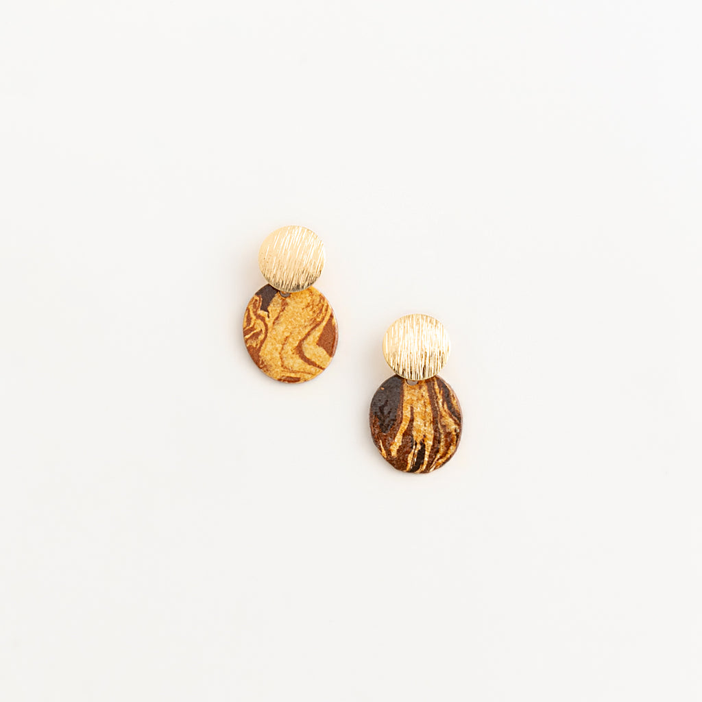 Artisan Nerikomi Ceramic Earrings – Gold Lined Circle Stud, Amber Oval Drop