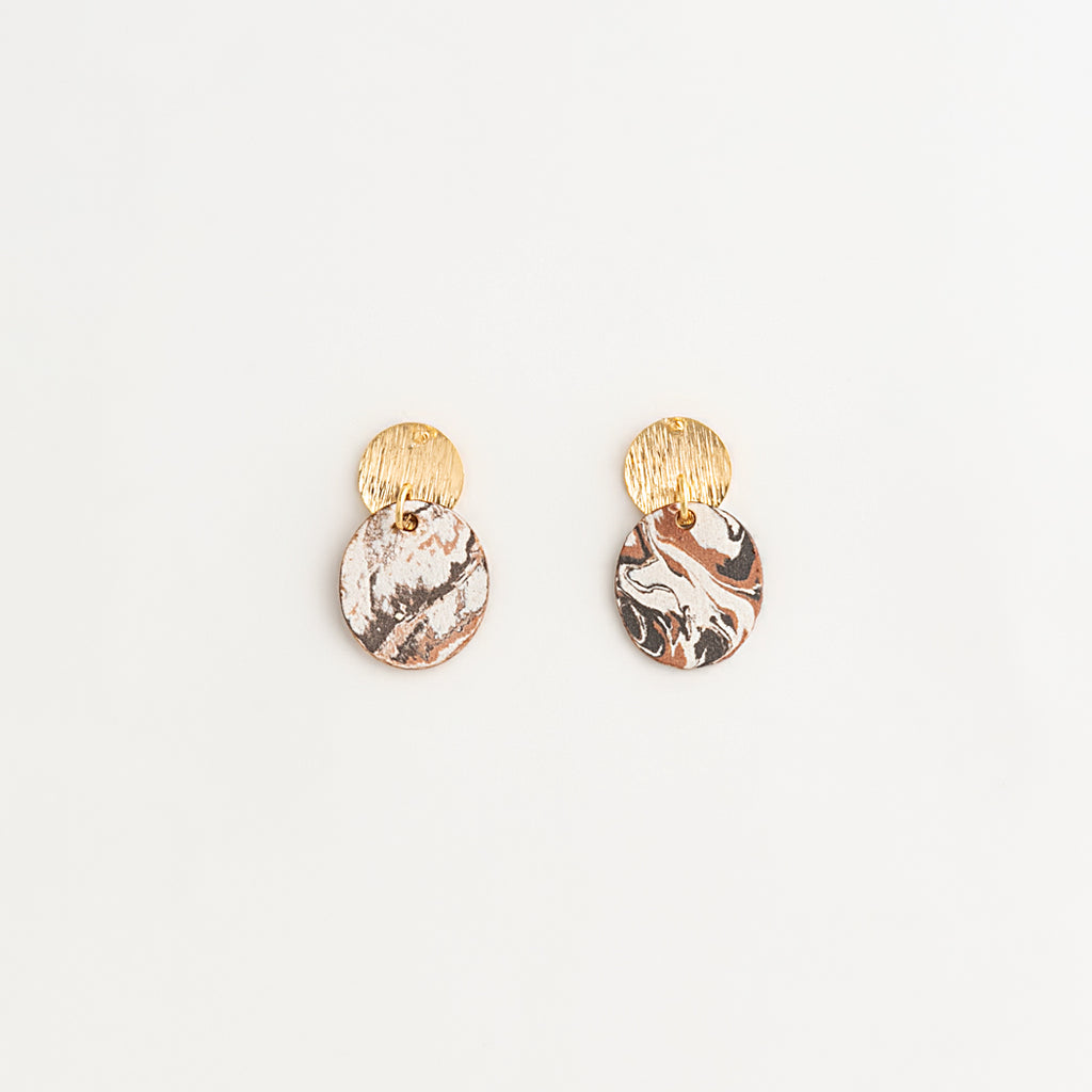 Artisan Nerikomi Ceramic Earrings – Gold Lined Circle Stud, Amber Oval Drop