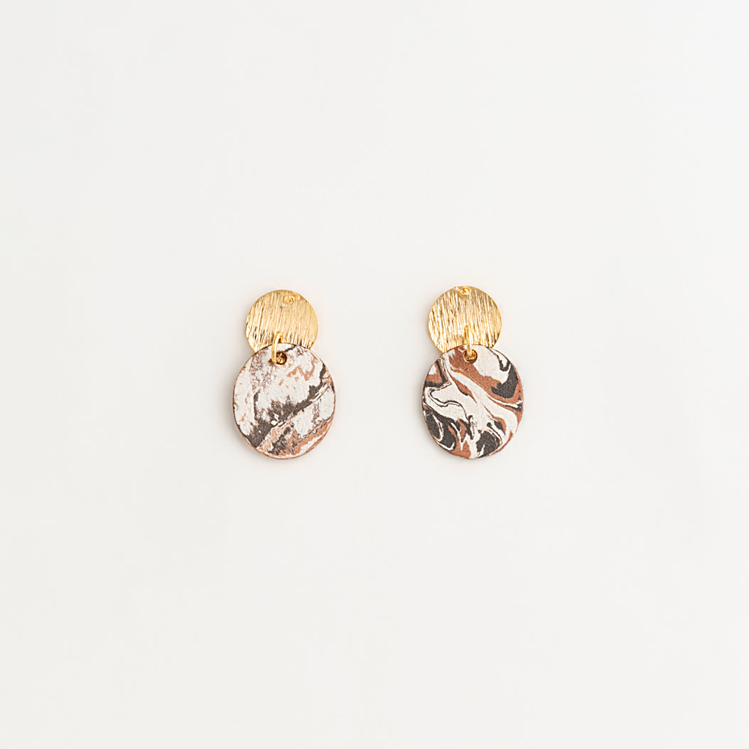 Artisan Nerikomi Ceramic Earrings – Gold Lined Circle Stud, Amber Oval Drop