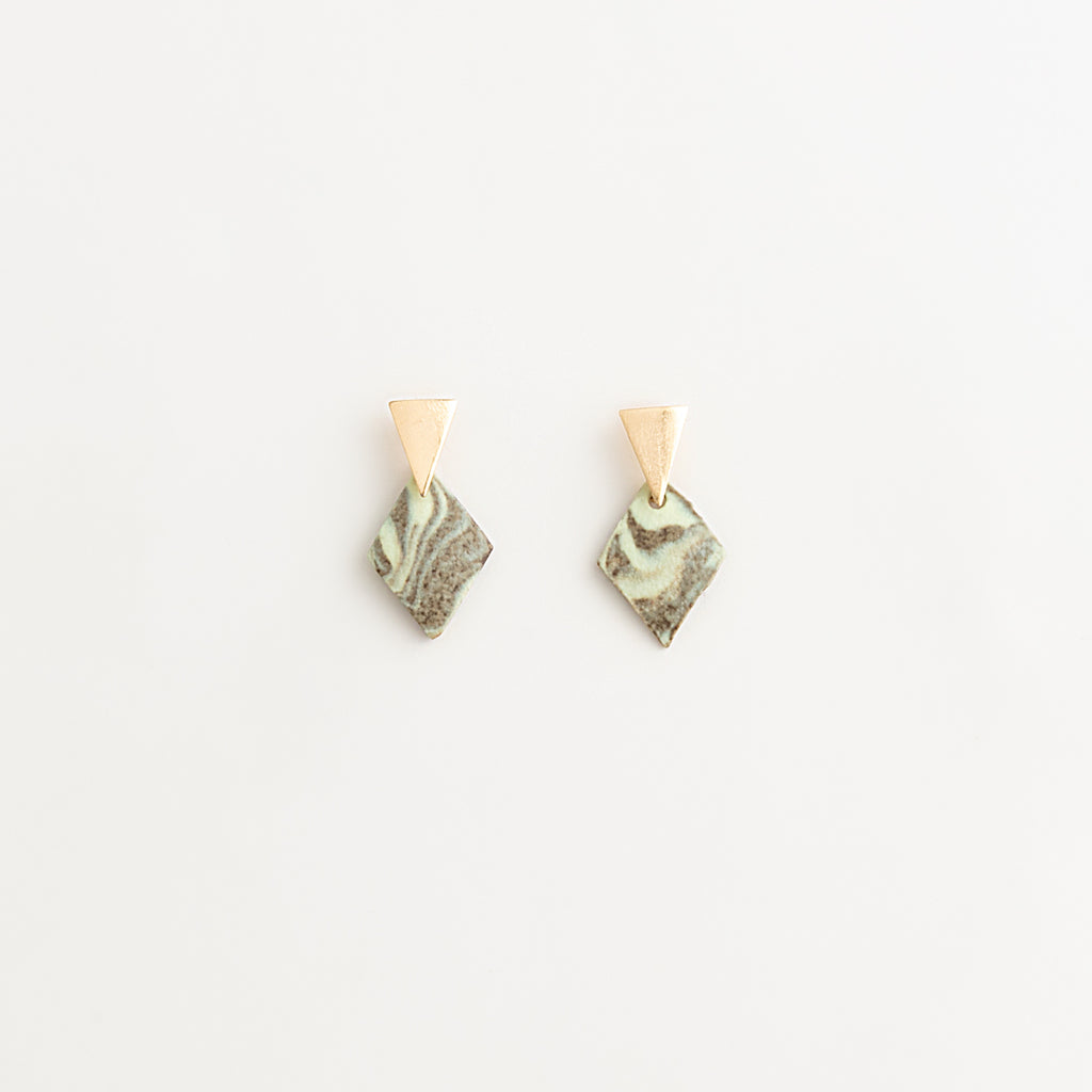 Artisan Nerikomi Ceramic Earrings – Gold Triangle Stud, Sage Diamond Drop
