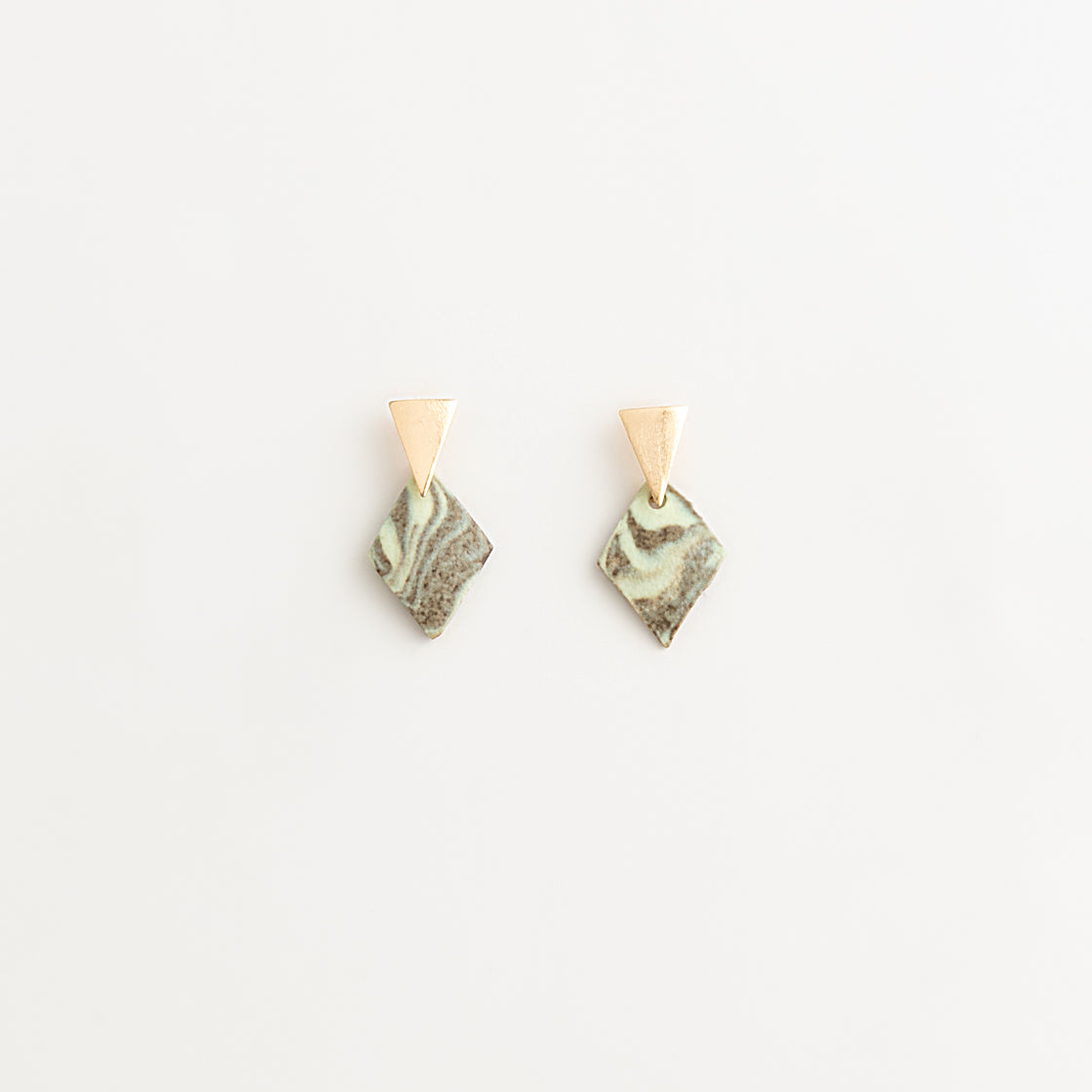 Artisan Nerikomi Ceramic Earrings – Gold Triangle Stud, Sage Diamond Drop