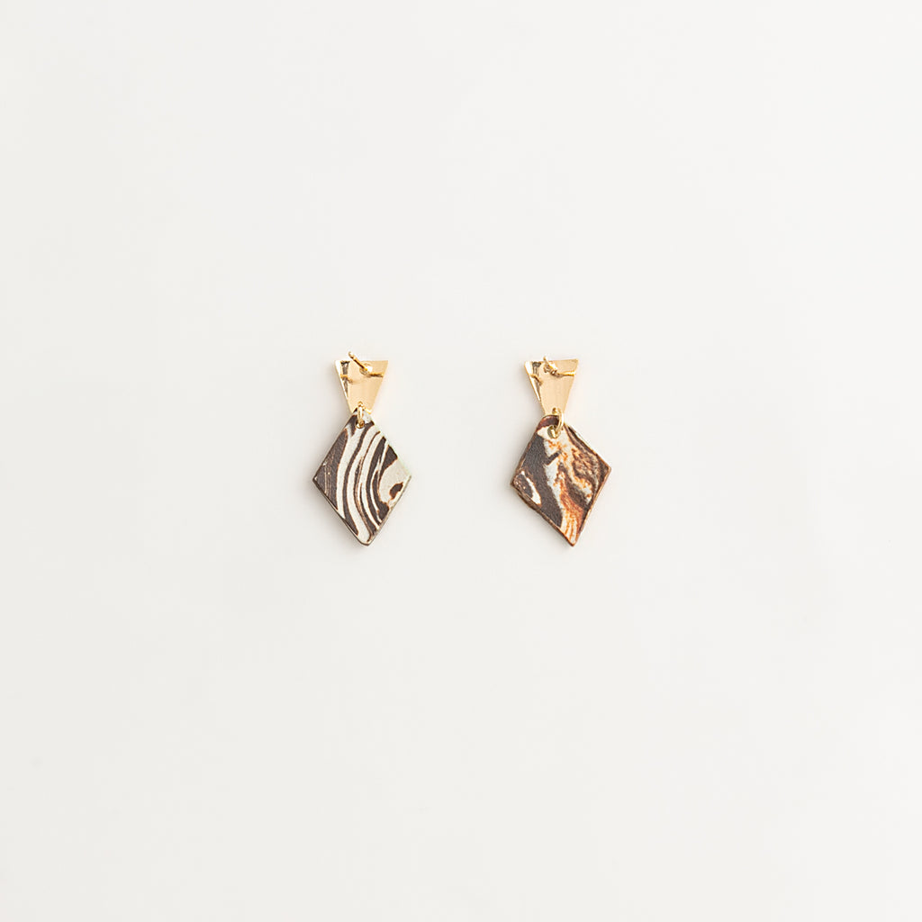 Artisan Nerikomi Ceramic Earrings – Gold Triangle Stud, Sage Diamond Drop