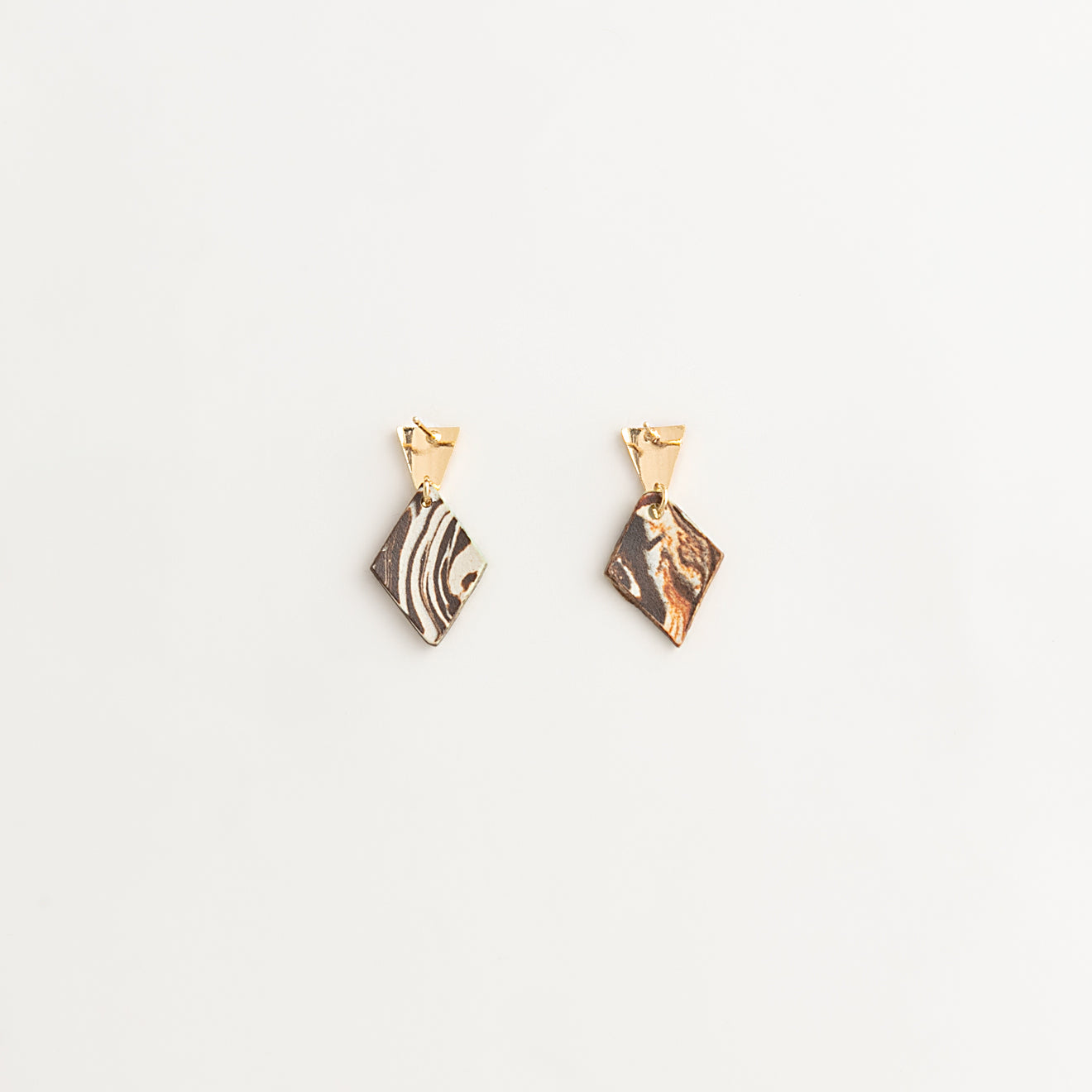 Artisan Nerikomi Ceramic Earrings – Gold Triangle Stud, Sage Diamond Drop