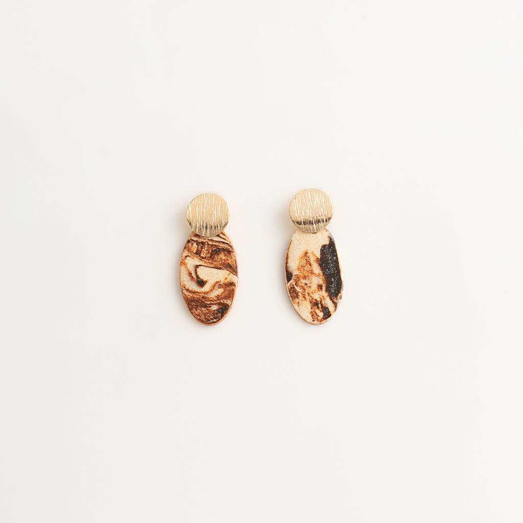 Artisan Nerikomi Ceramic Earrings – Gold Lined Circle Stud, Large Oval Drop