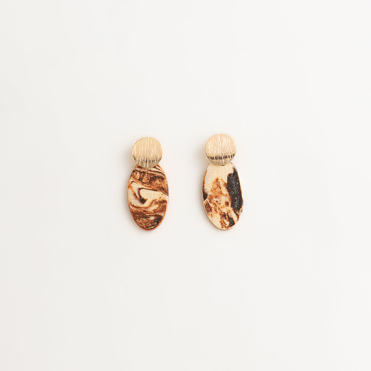 Artisan Nerikomi Ceramic Earrings – Gold Lined Circle Stud, Large Oval Drop